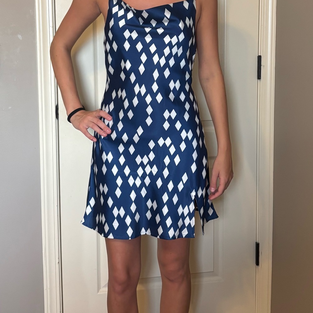 Navy Blue with White Diamond Print Mini Dress